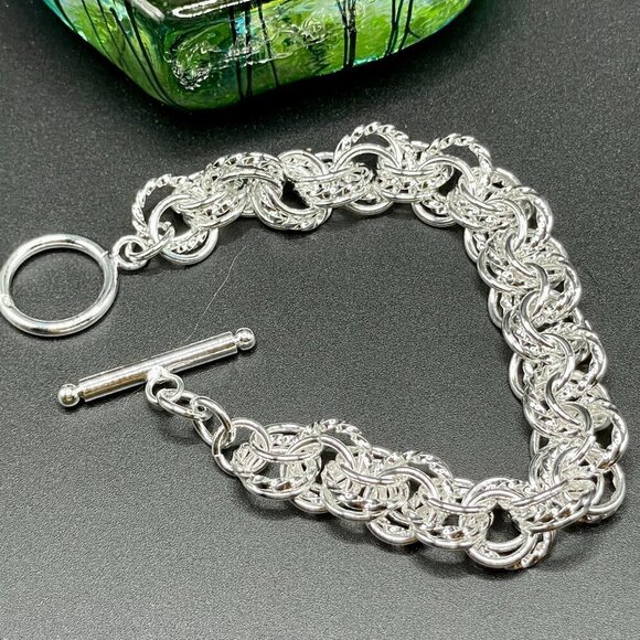 Sterling Silver 925 Alternating Texture Triple Link Chain Bracelet #1172 - Picture 6 of 8